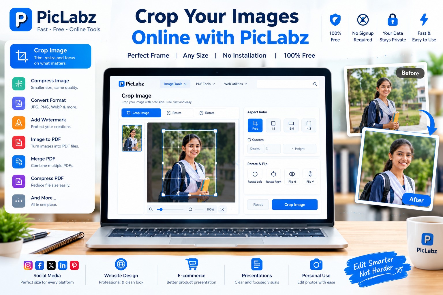 PicLabz online image cropper tool interface displaying image cropping canvas and custom aspect ratio controls